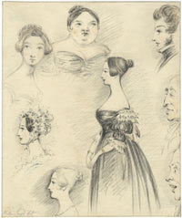 Walter Sneyd, Sheet of Caricature Portraits –early 19th-century graphite drawing
