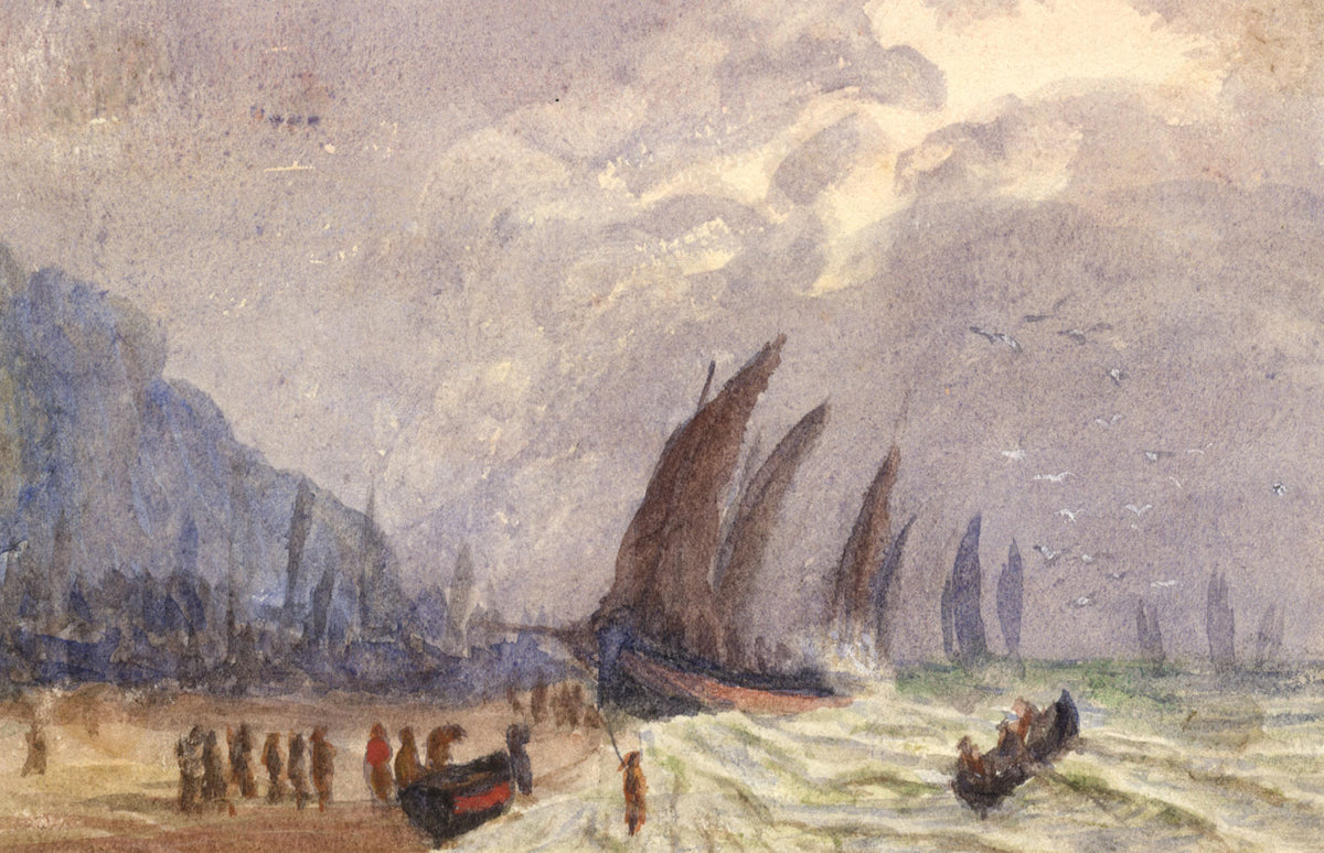 E. Venis, Fishing Luggers, Stade Beach, Hastings – late 19th-century watercolour