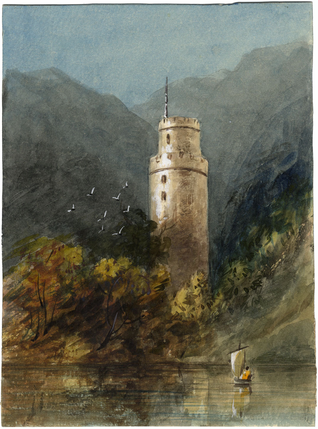 Ox Tower (Ochsenturm), Oberwesel, Rhine – mid-19th-century watercolour painting