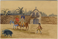 Figures Riding Mules with Boar, Possibly Greece – early 19th-century watercolour