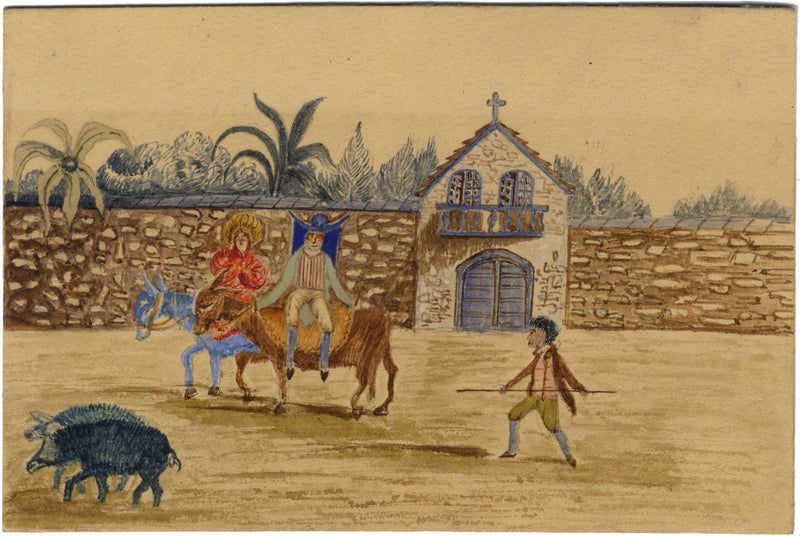 Figures Riding Mules with Boar, Possibly Greece – early 19th-century watercolour