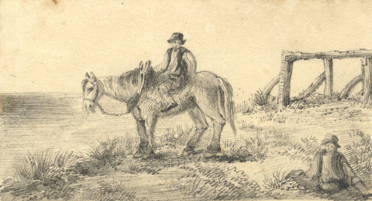 Countryfolk with Horse – Original early 19th-century graphite drawing