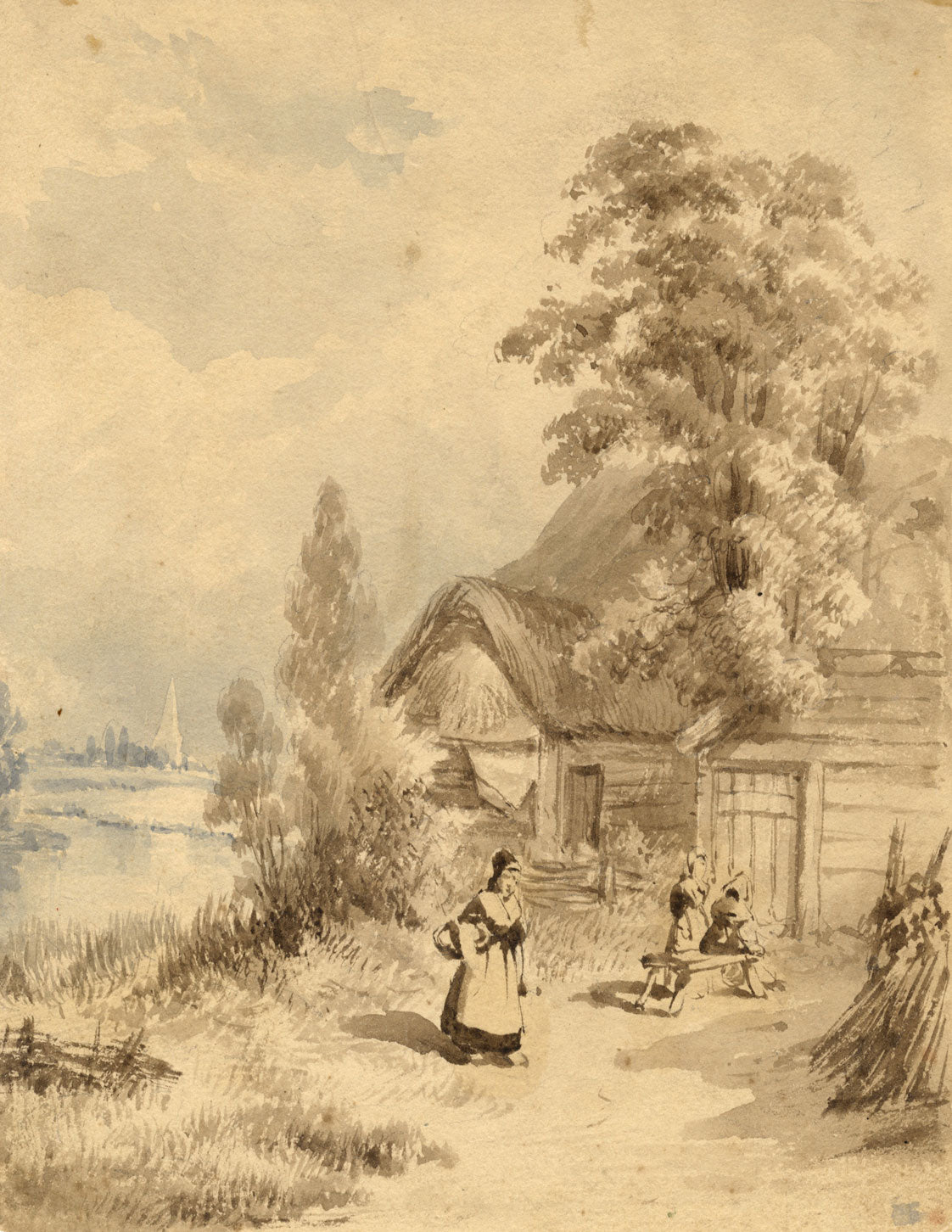 Peasant Women by Cottage on the Fens – mid-19th-century watercolour painting