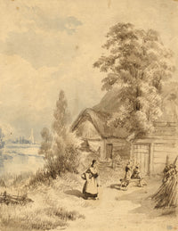 Peasant Women by Cottage on the Fens – mid-19th-century watercolour painting