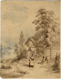 Peasant Women by Cottage on the Fens – mid-19th-century watercolour painting