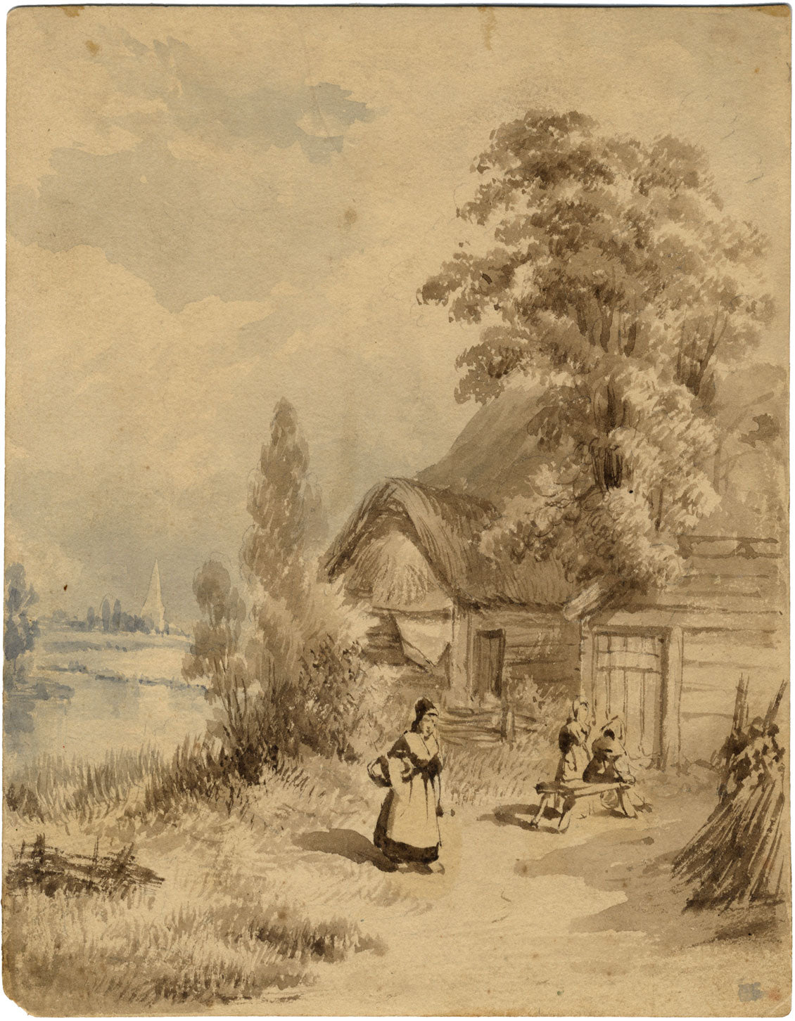 Peasant Women by Cottage on the Fens – mid-19th-century watercolour painting