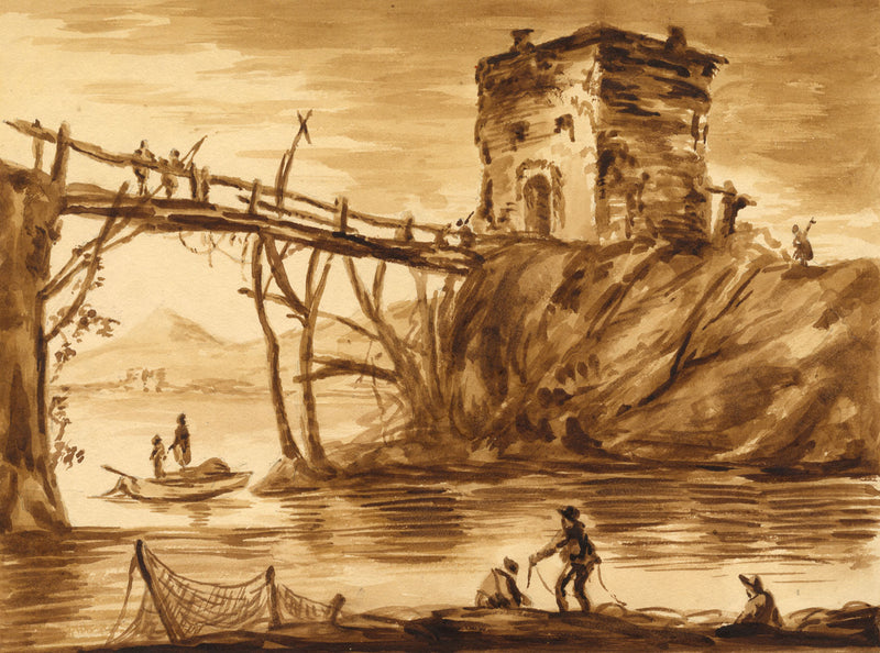 Italian Footbridge & Tower after a Sketch by Salvator Rosa – 1849 watercolour