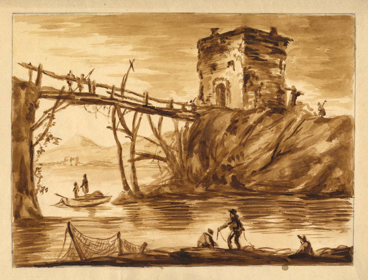 Italian Footbridge & Tower after a Sketch by Salvator Rosa – 1849 watercolour