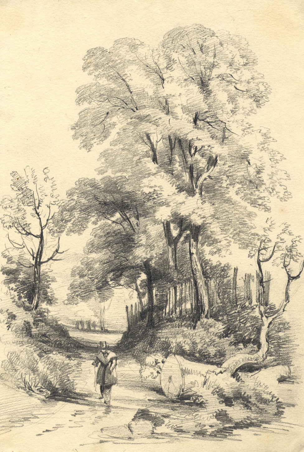 Gentleman Walking on Country Path – Original mid-19th-century graphite drawing