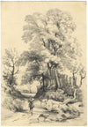 Caballero caminando por un sendero rural – Dibujo original de grafito de mediados del siglo XIX