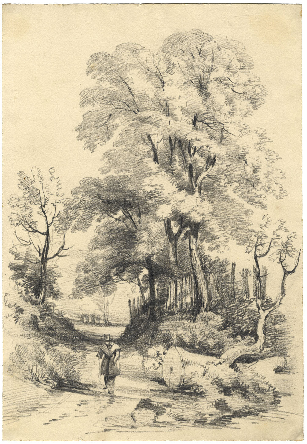 Gentiluomo che cammina sul sentiero di campagna – Disegno a grafite originale della metà del XIX secolo