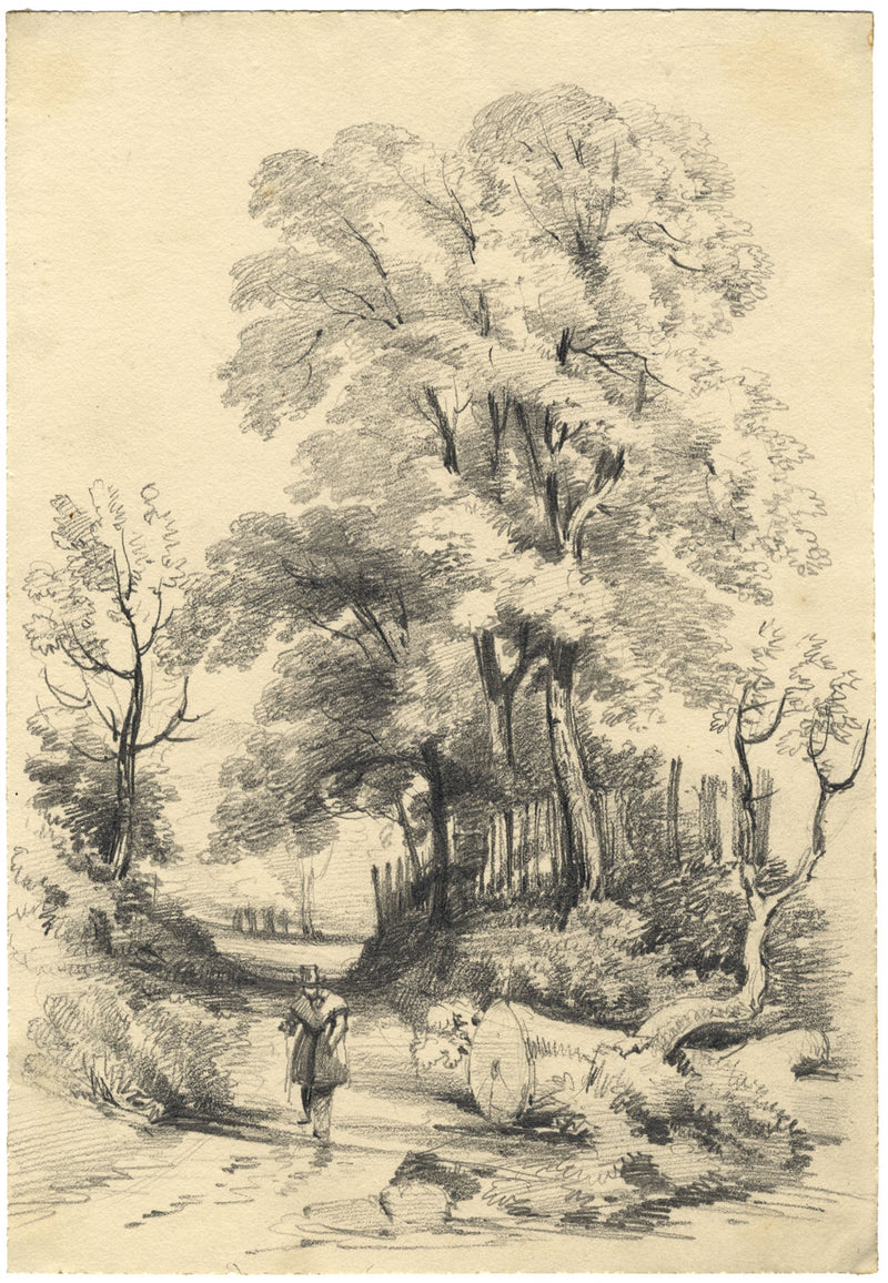Caballero caminando por un sendero rural – Dibujo original de grafito de mediados del siglo XIX