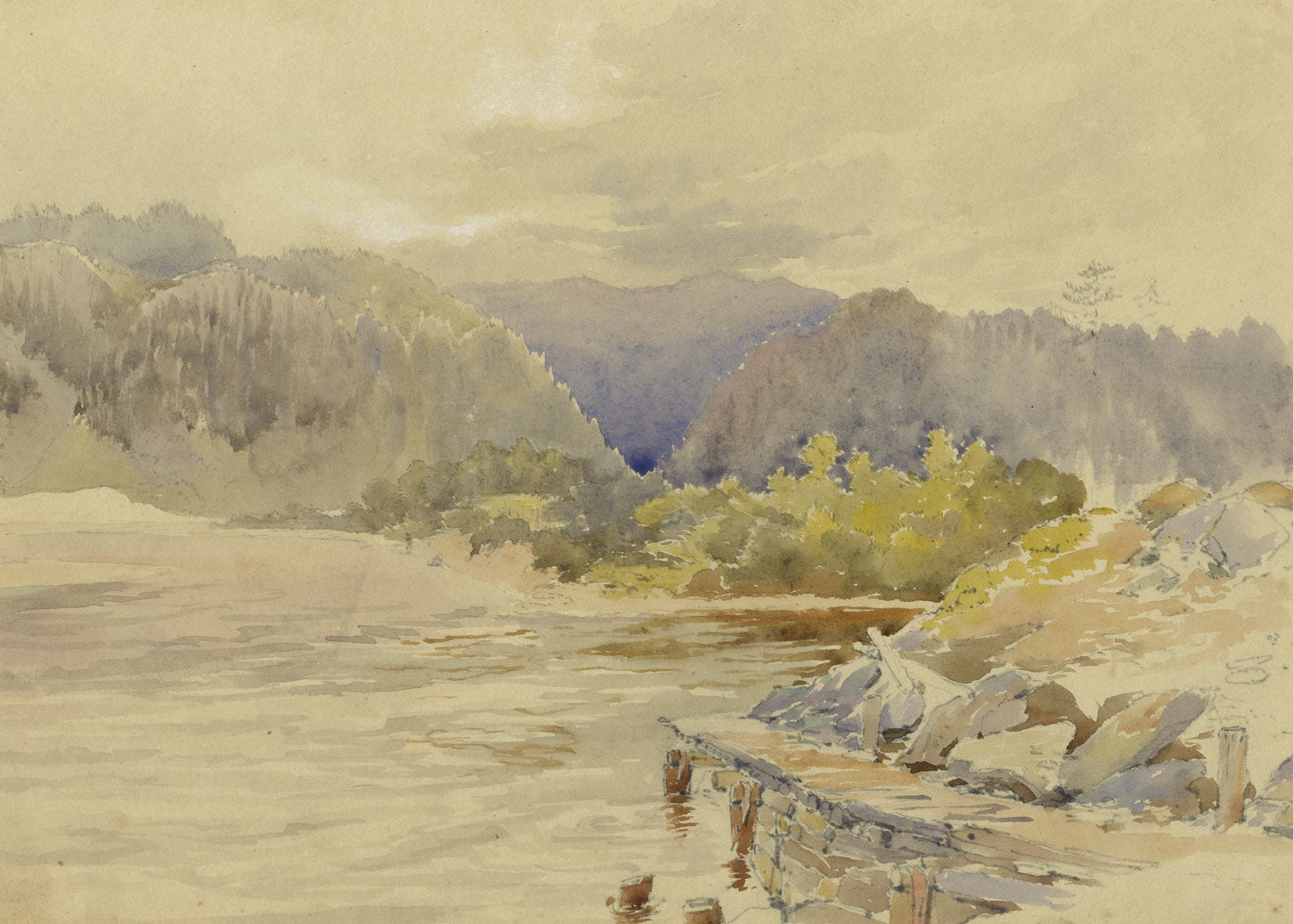 Mountain Lake with Jetty, Switzerland – late 19th-century watercolour painting