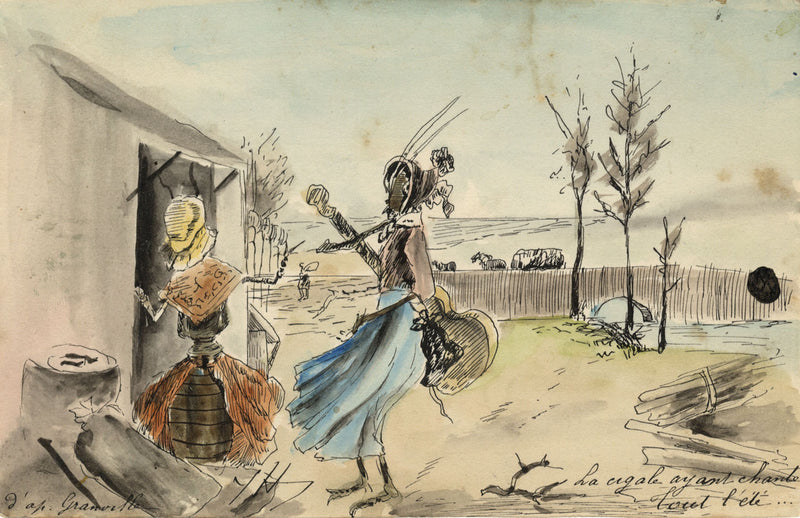 After Grandville, The Cicada Having Sung all Summer – c.1900s pen & ink drawing