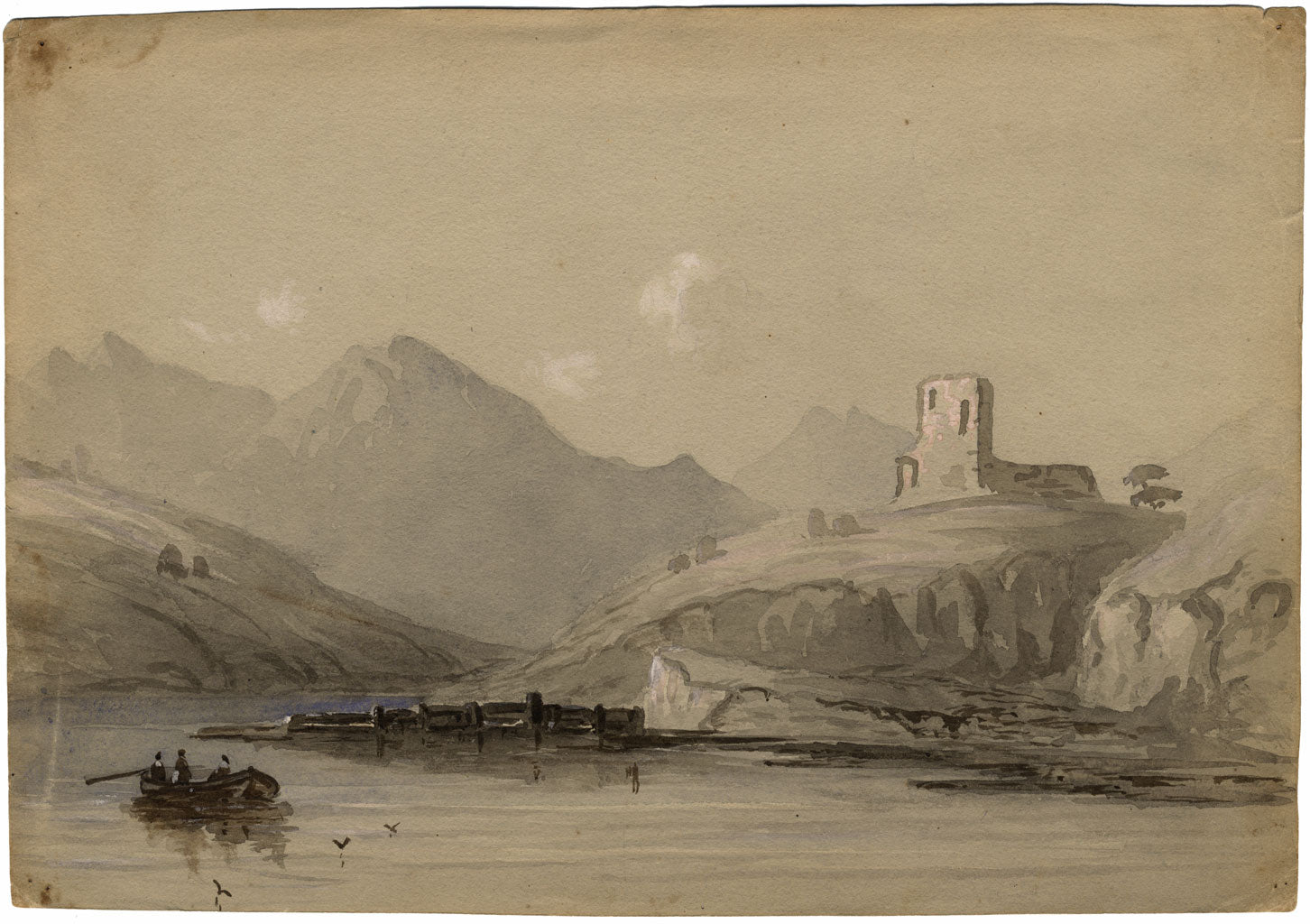 Ruin by the Water – Original early 19th-century watercolour painting
