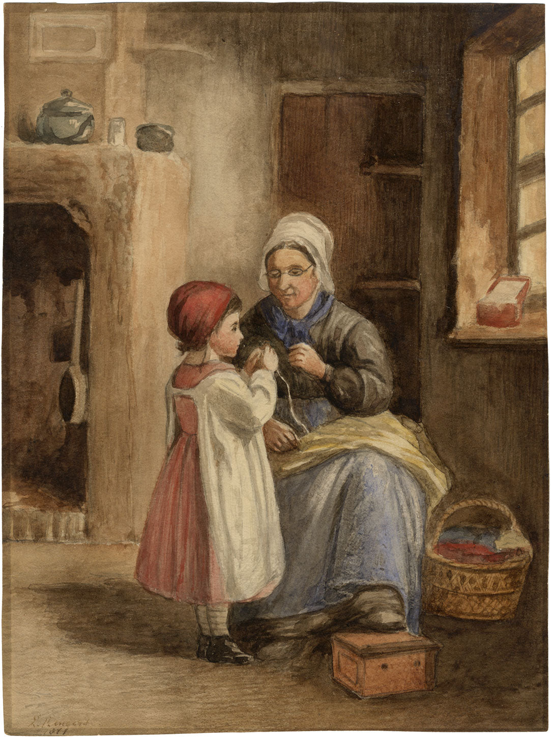 E. Rengert, Seamstress with Young Girl – Original 1871 watercolour painting