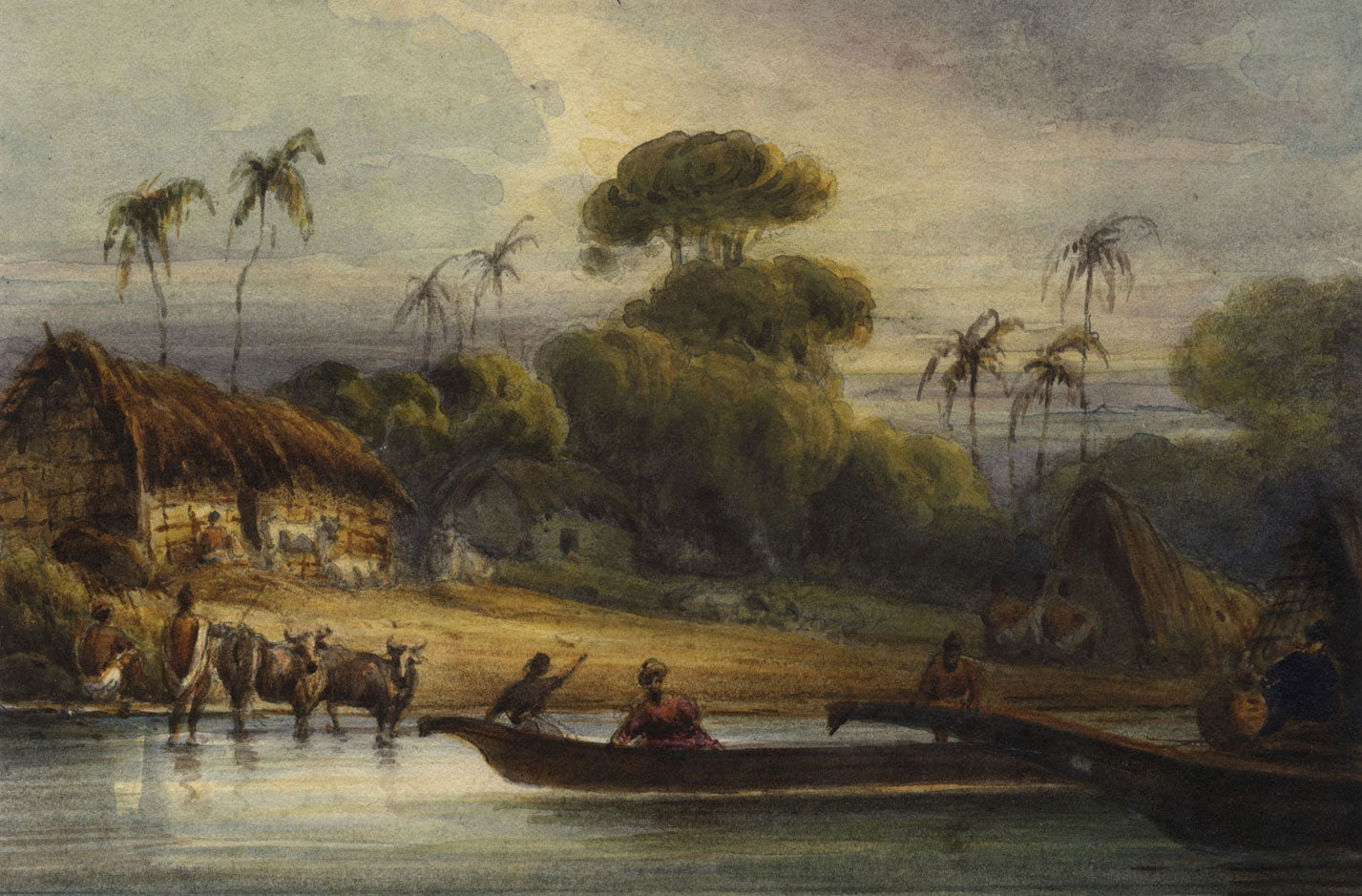 Indian River Landscape with Water Buffalo – early 19th-century watercolour