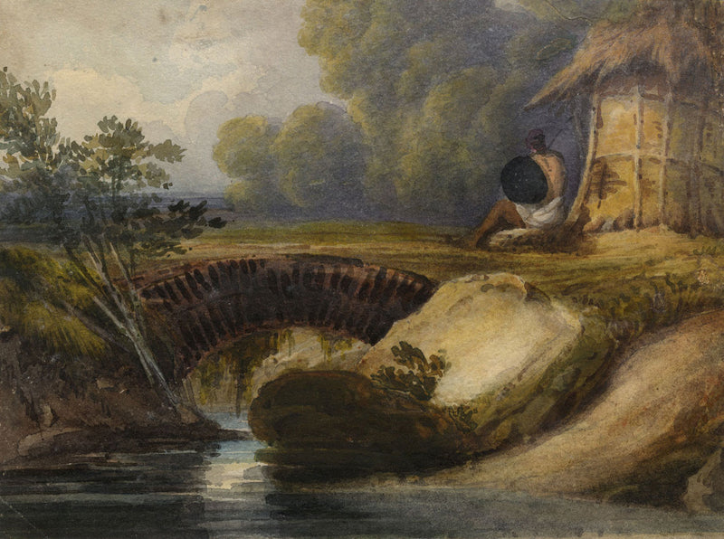 Indian Landscape with Resting Spearman – early 19th-century watercolour painting
