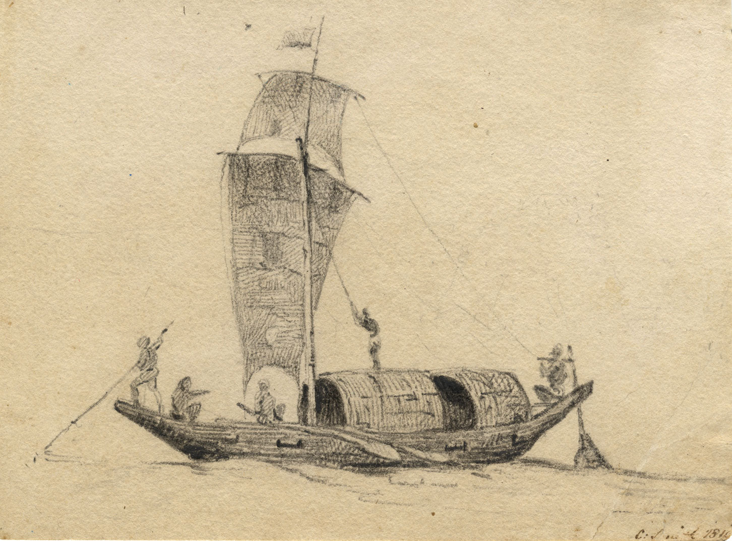 C. Smith, Indian Dhow Boat – Original 1810 charcoal drawing