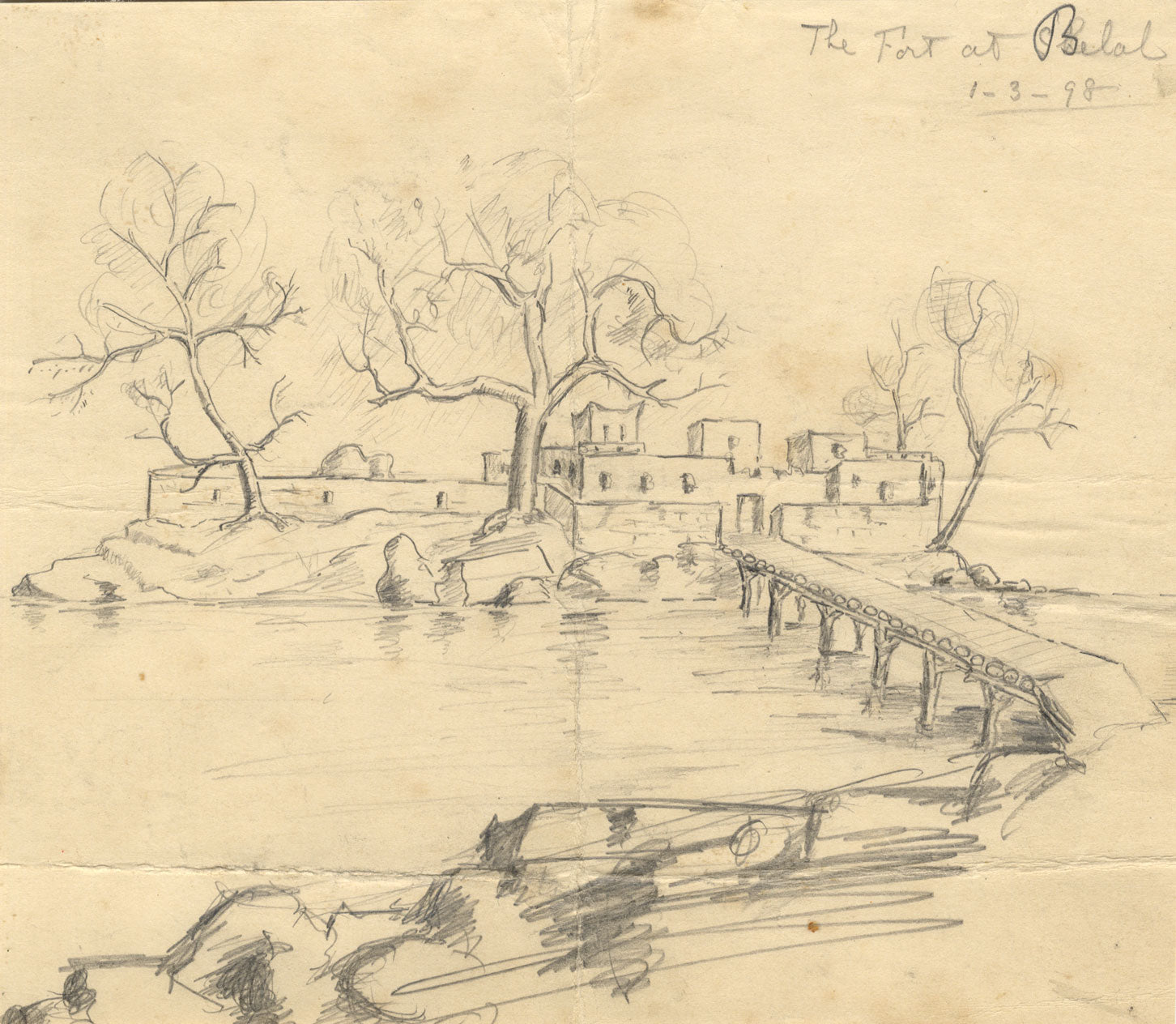 Fort at Belal, Possibly Sudan – Original 1898 graphite drawing