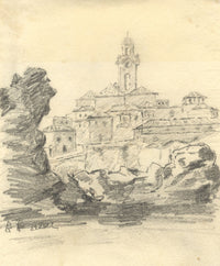 G.G., Old Town with Bell Tower, Liguria, Italian Riviera –c1904 graphite drawing