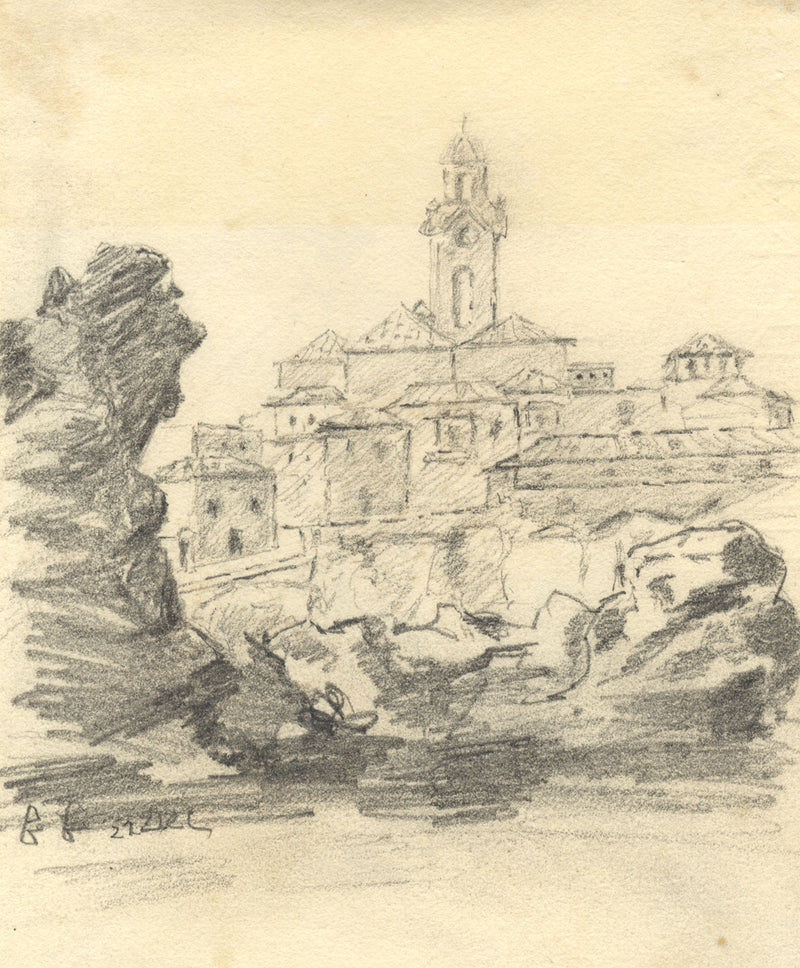 G.G., Old Town with Bell Tower, Liguria, Italian Riviera –c1904 graphite drawing