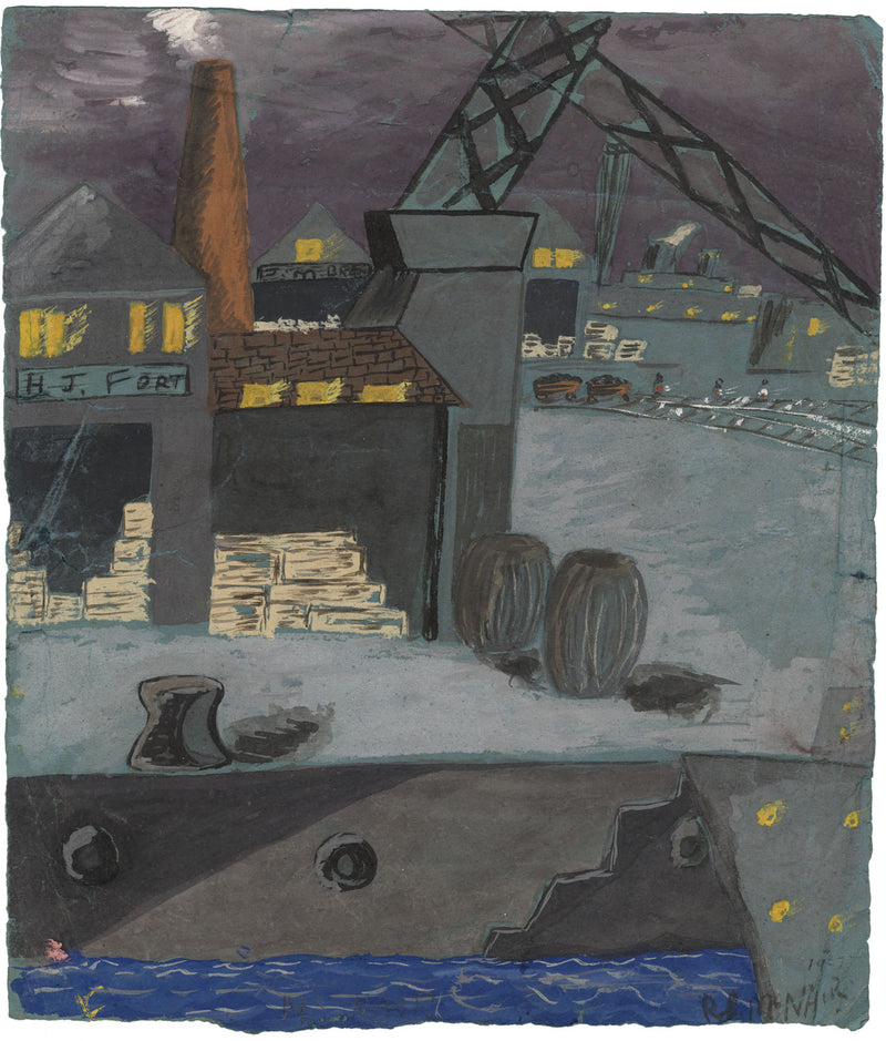 R. McNair, Cantiere navale, forse il Clyde – Dipinto a guazzo originale del 1957