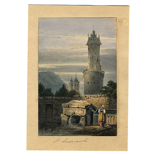 Round Tower, Andernach after Samuel Prout – Miniature c.1830s watercolour