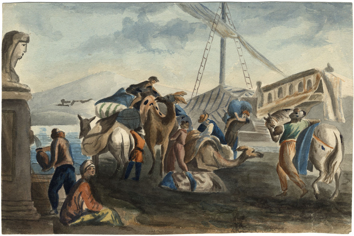 Mercanti con cammelli sul Nilo – acquerello della metà del XIX secolo