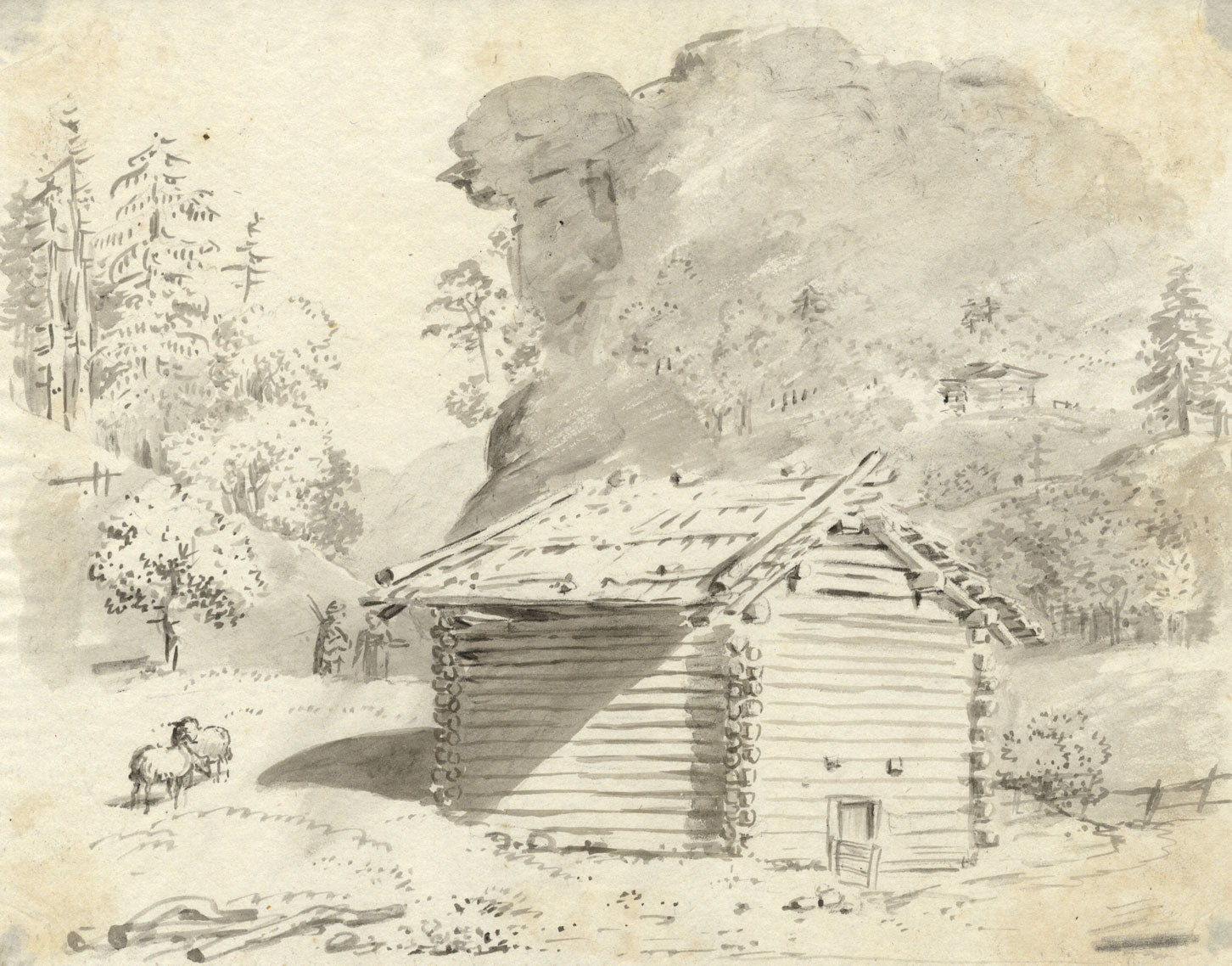 Swiss Chalet View – Original early 19th-century watercolour painting