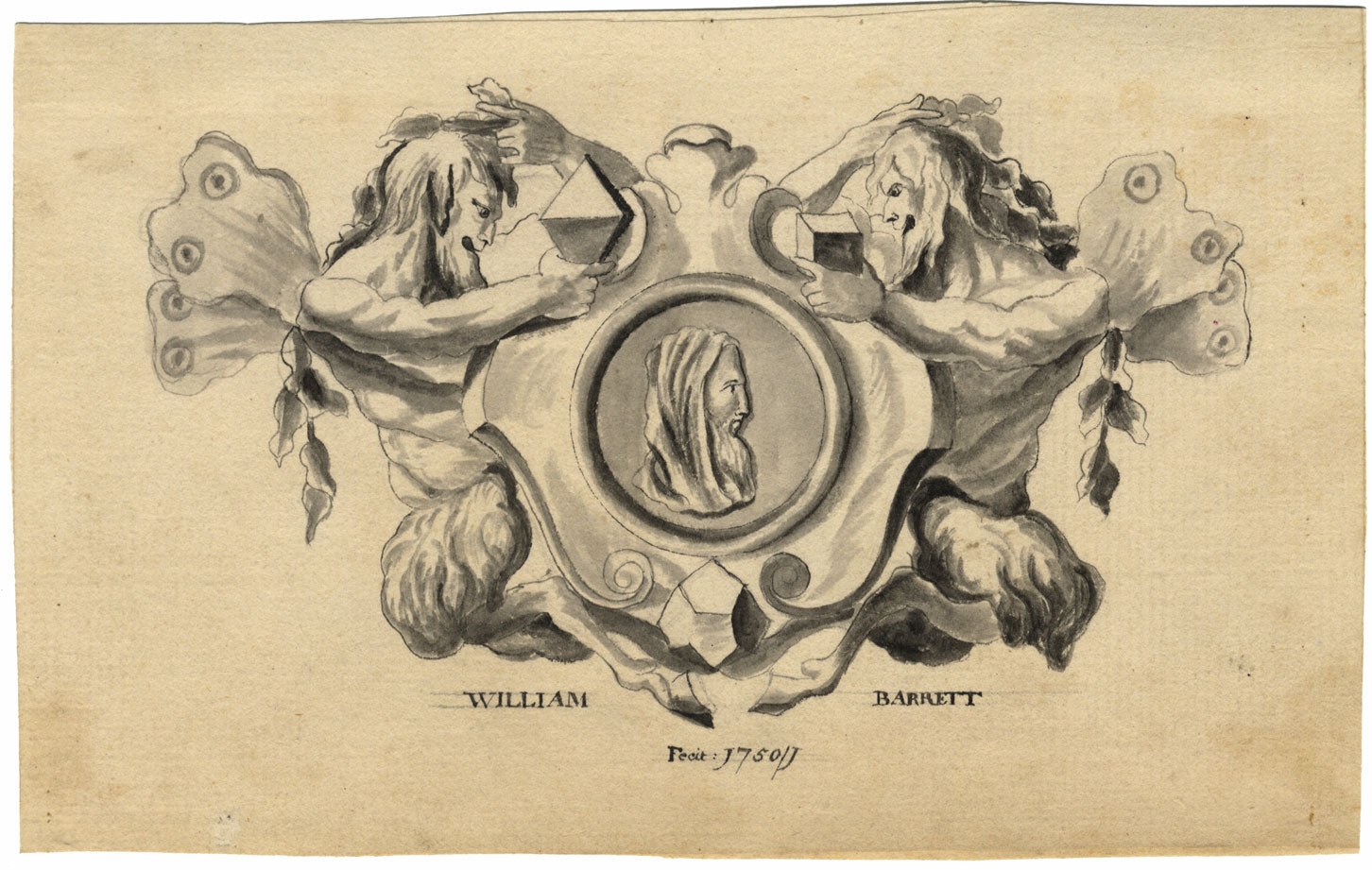 William Barrett, Satyr & Mathematician Cartouche Design – 1750 watercolour