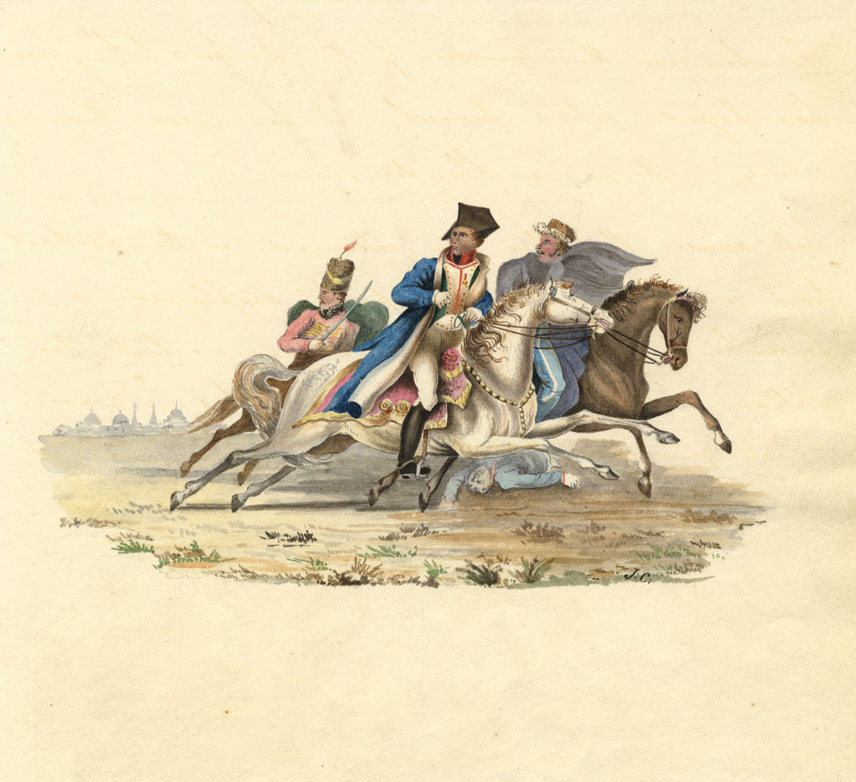 J.C., Flight of Bonaparte from the Battle of Krasnoi, Russia – C19th watercolour