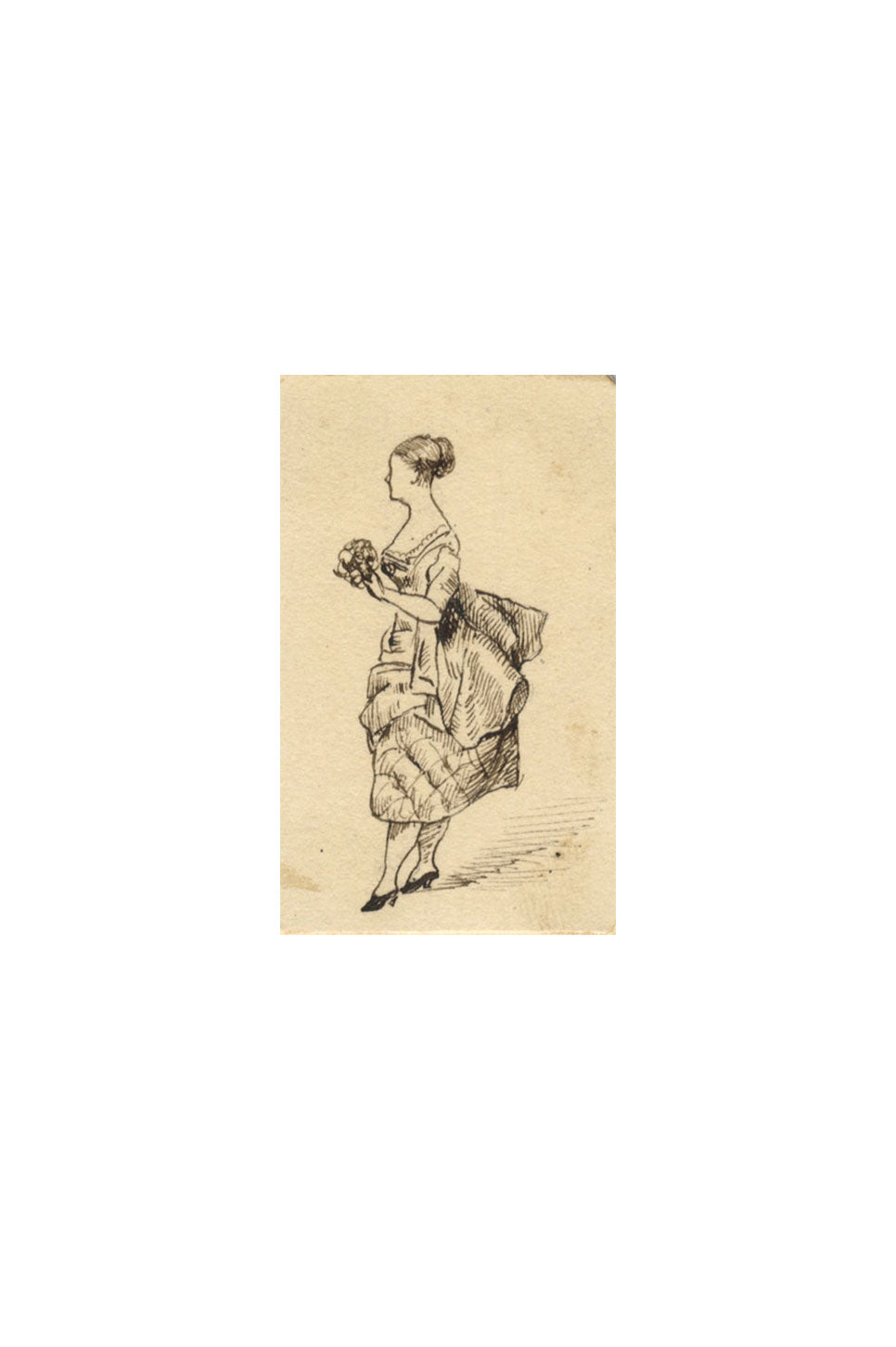 Albert A. Harcourt, Victorian Lady in Bustle Dress Miniature – 1870s ink drawing
