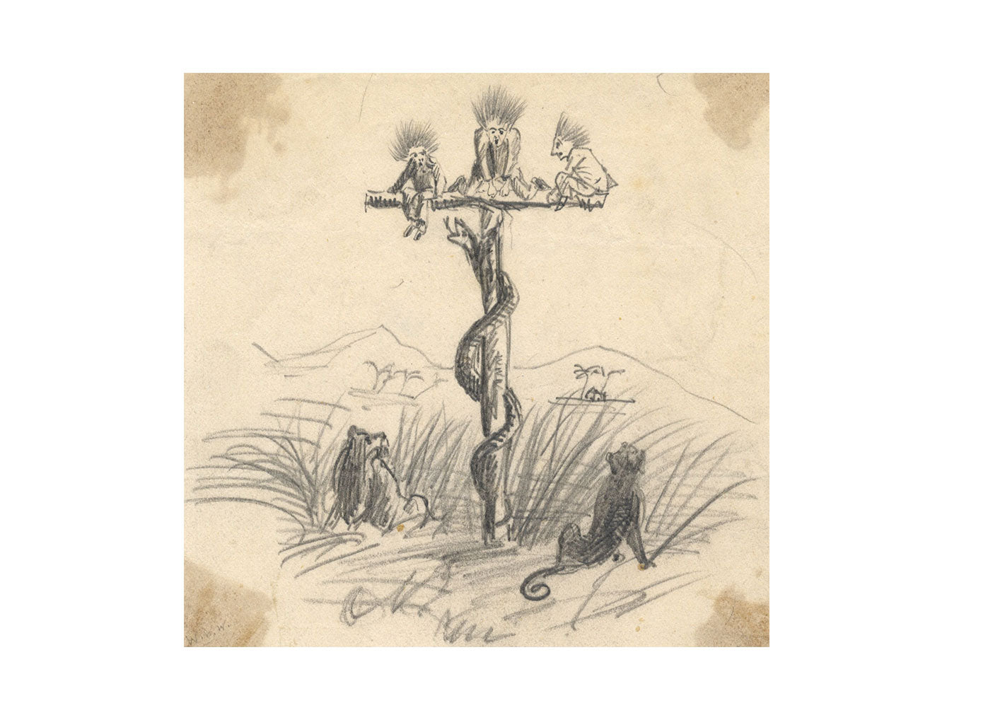 Albert A. Harcourt, Brazen Serpent Cartoon – Original 1870s graphite drawing