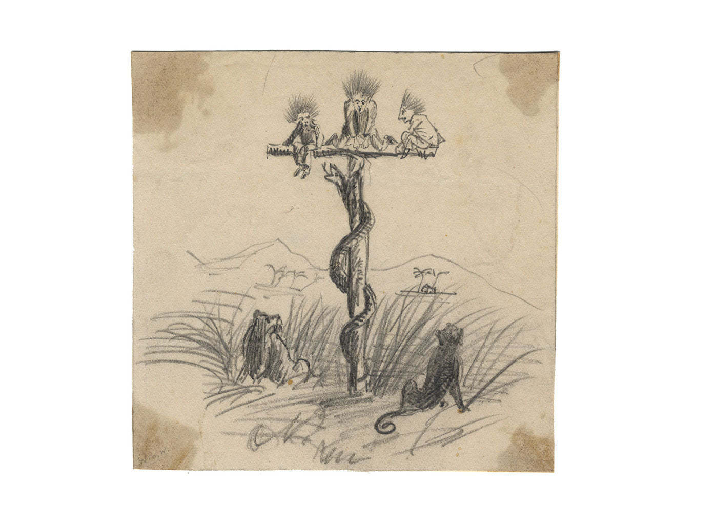 Albert A. Harcourt, Brazen Serpent Cartoon – Original 1870s graphite drawing