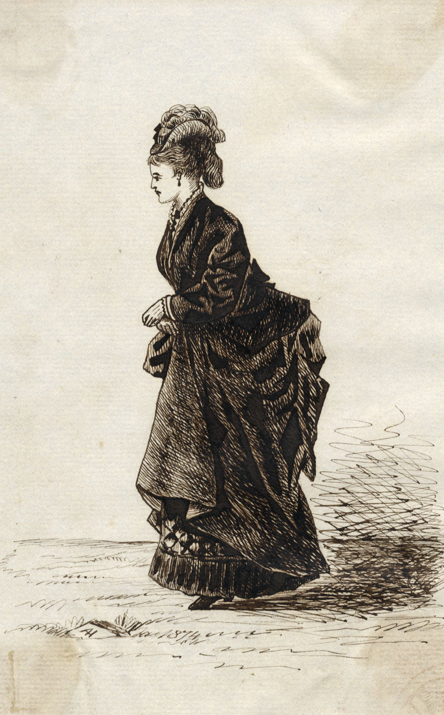 Albert A. Harcourt, Victorian Lady in Bustle Coat – 1874 pen & ink drawing