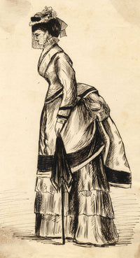 Albert A. Harcourt, Victorian Lady in Veil – Original 1870s pen & ink drawing