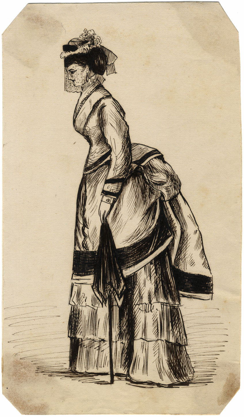 Albert A. Harcourt, Victorian Lady in Veil – Original 1870s pen & ink drawing