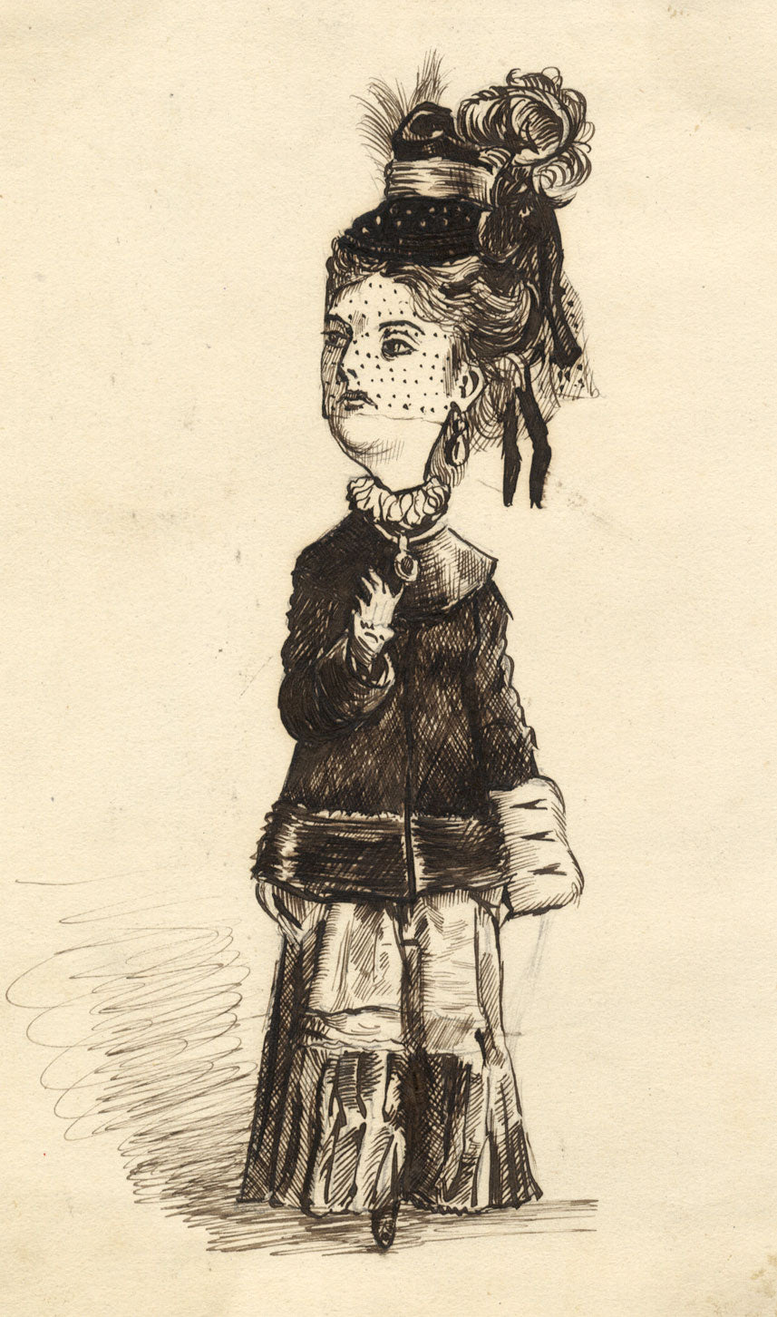 Albert A. Harcourt, Victorian Lady Caricature – Original 1870s pen & ink drawing