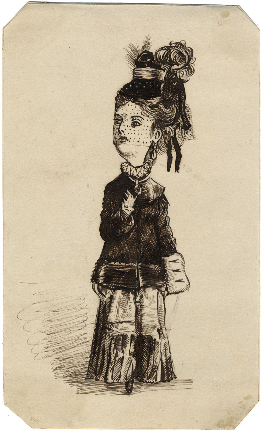 Albert A. Harcourt, Victorian Lady Caricature – Original 1870s pen & ink drawing