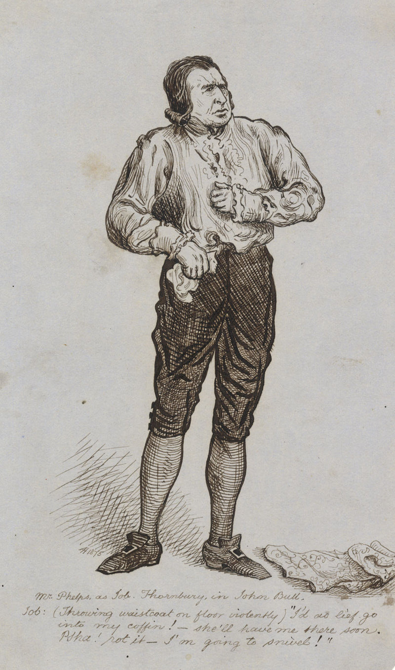 Albert A. Harcourt, Mr Phelps in John Bull at Gaiety Theatre – 1875 ink drawing