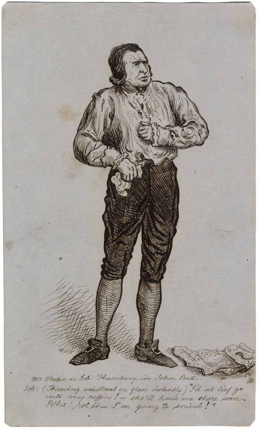 Albert A. Harcourt, Mr Phelps in John Bull at Gaiety Theatre – 1875 ink drawing