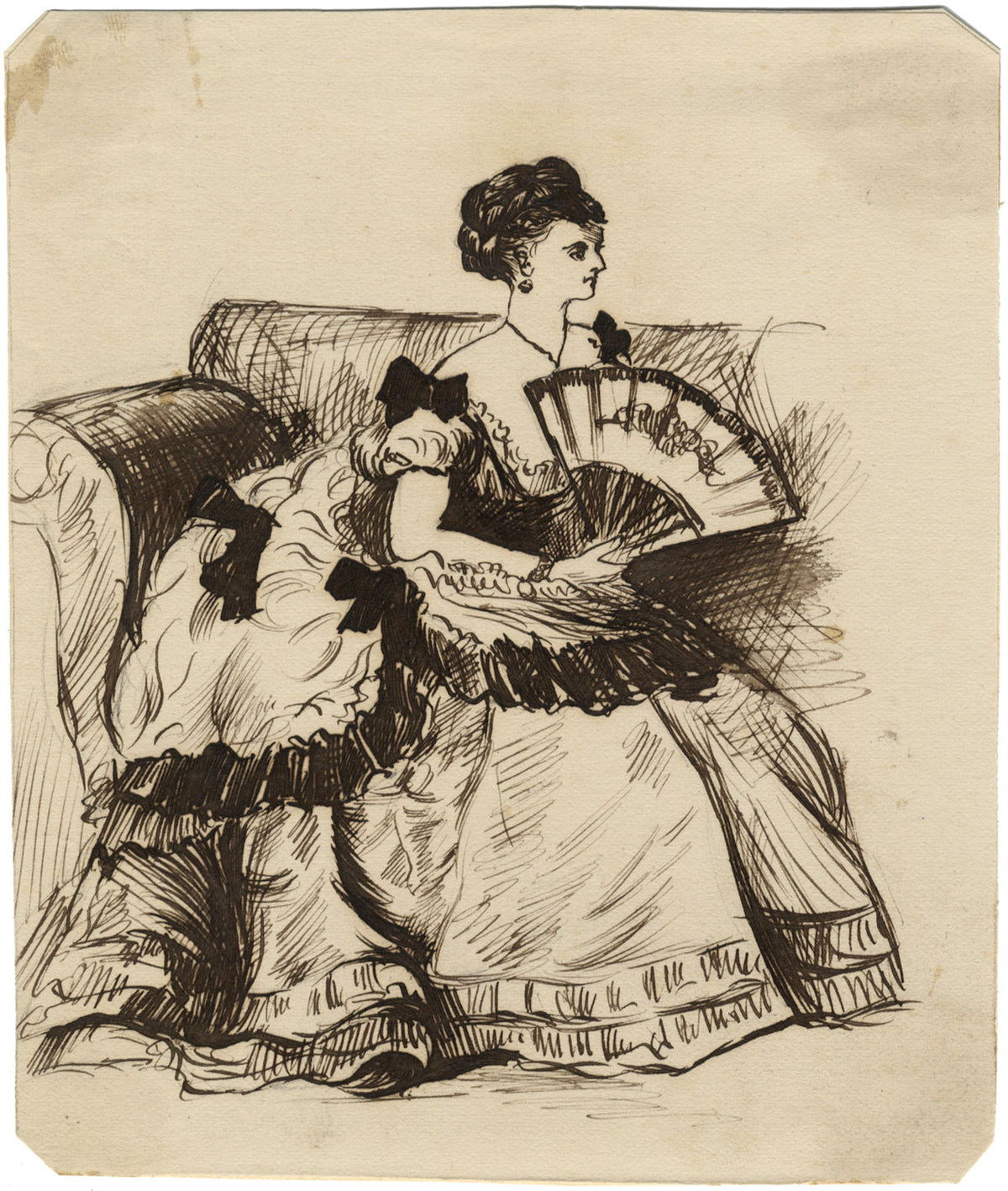 Albert A. Harcourt, Seated Victorian Lady with Fan – 1870s pen & ink drawing