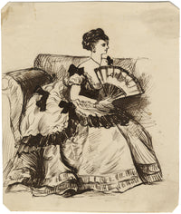 Albert A. Harcourt, Seated Victorian Lady with Fan – 1870s pen & ink drawing
