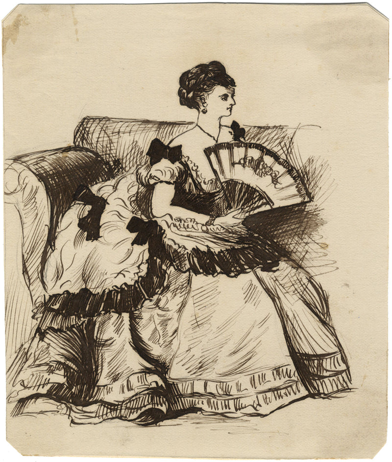 Albert A. Harcourt, Seated Victorian Lady with Fan – 1870s pen & ink drawing