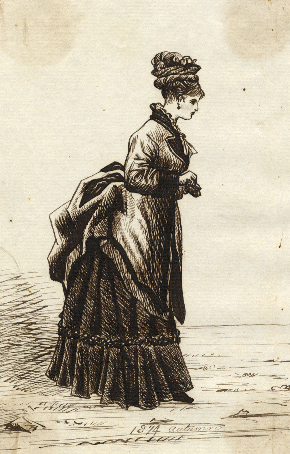 Albert A. Harcourt, Victorian Lady Walking in Autumn – 1874 pen & ink drawing
