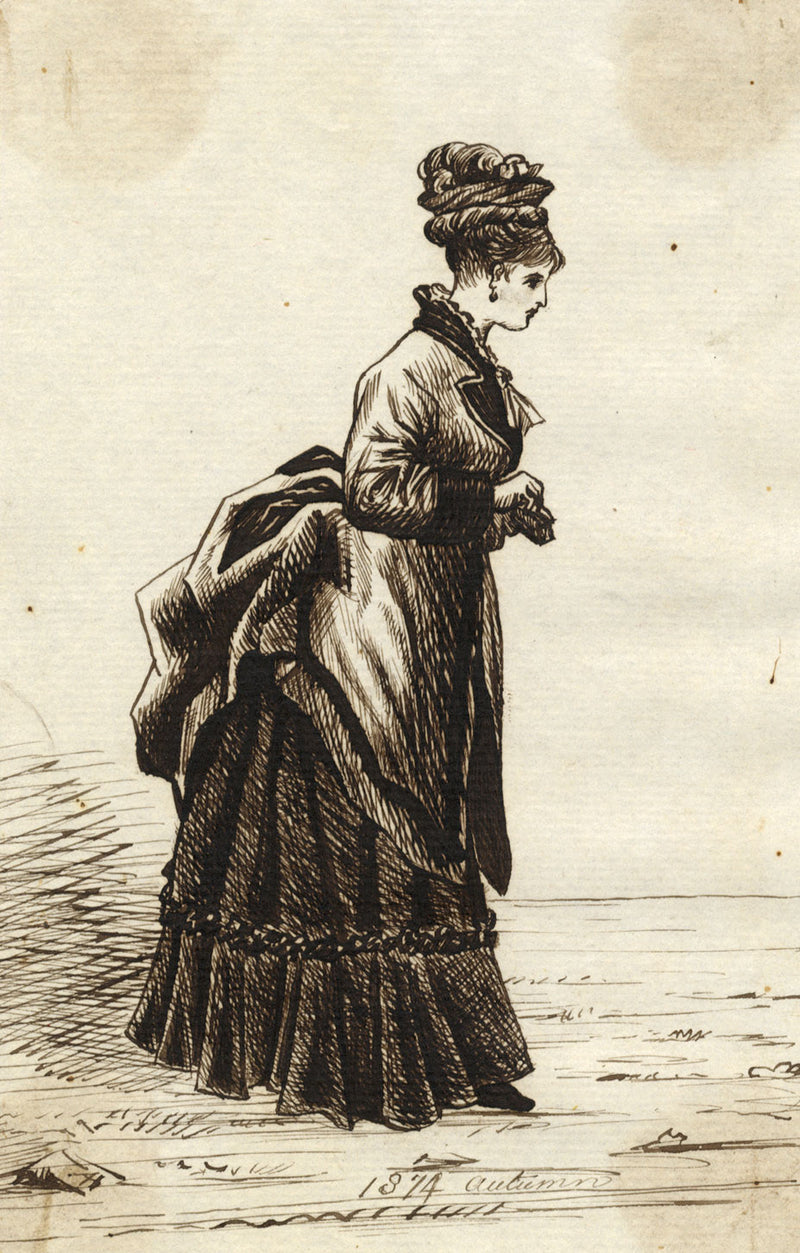 Albert A. Harcourt, Victorian Lady Walking in Autumn – 1874 pen & ink drawing