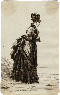Albert A. Harcourt, Victorian Lady Walking in Autumn – 1874 pen & ink drawing