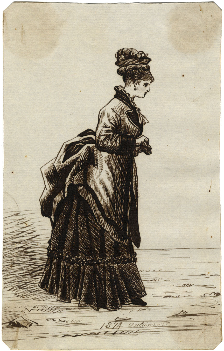 Albert A. Harcourt, Victorian Lady Walking in Autumn – 1874 pen & ink drawing
