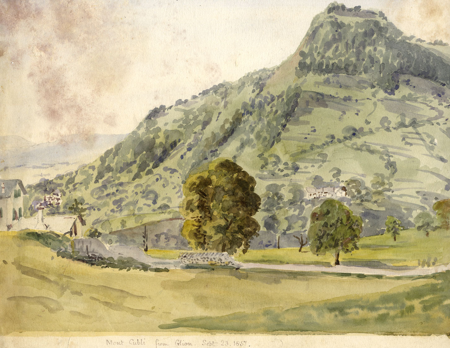 F. Devis, Mont Cubli from Glion, Montreux, Switzerland – 1857 watercolour